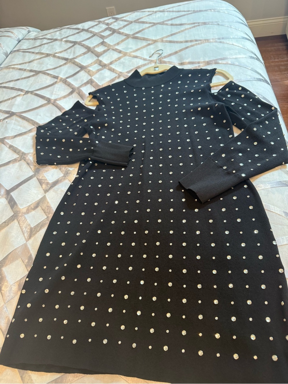 INC black cold Shoulder Knit Dress with Rhinestone Studs